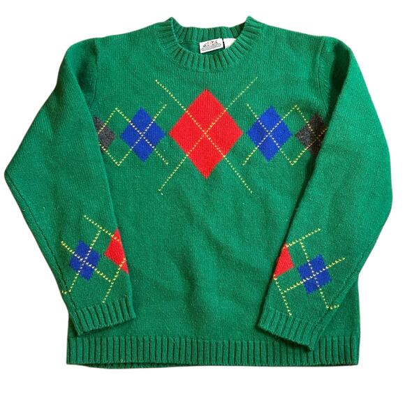 Vintage Green Argyle Crewneck Sweater Size Small 100% Shetland Wool Pullover - Picture 1 of 5